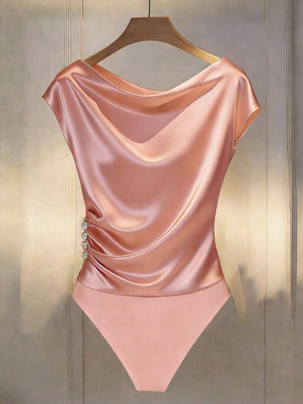 Dusty Pink Elegant Women's Satin Bodysuit with Decorative Buttons